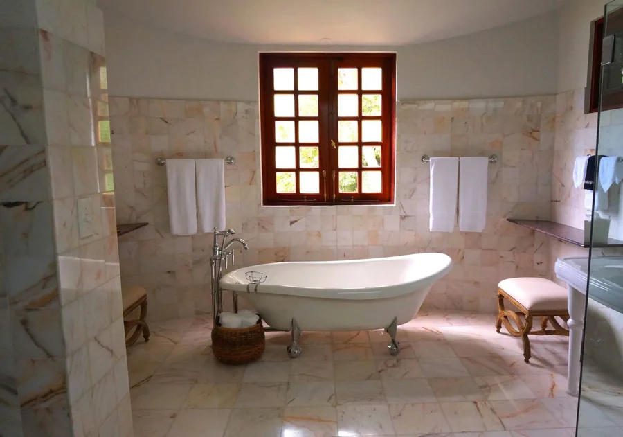 Light-filled bathroom with timeless room details